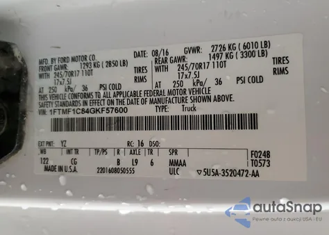 2016 Ford F150 from USA, damaged, VIN 1FTMF1C84GKF57600